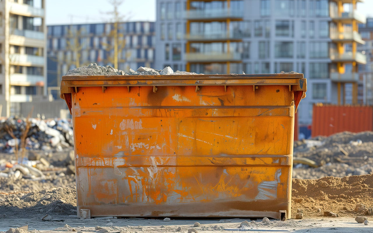 Entsorgung, Entsorgungsleistungen in Berlin und Umgebung für Baustellen und bei Umzügen in Berlin, orange-gelbes Container für die Entsorgung